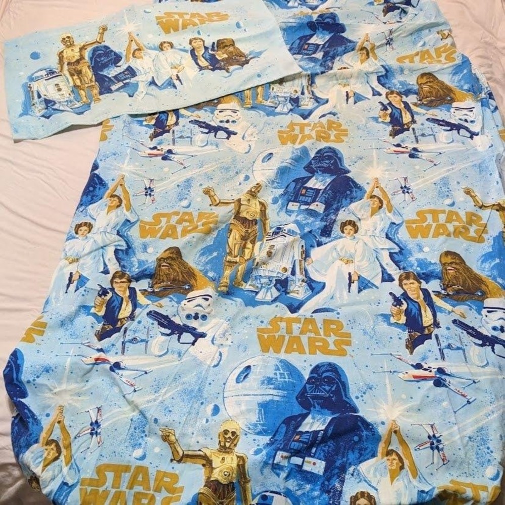 Vintage Star Wars Twin Fitted Sheet and Pillowcase Set Blue Sci-Fi Bedding 1970s